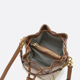 Beige & Brown Drawstring Bucket Bag – Two - Tone Faux Leather Handbag - in Beige | Arvea Bags