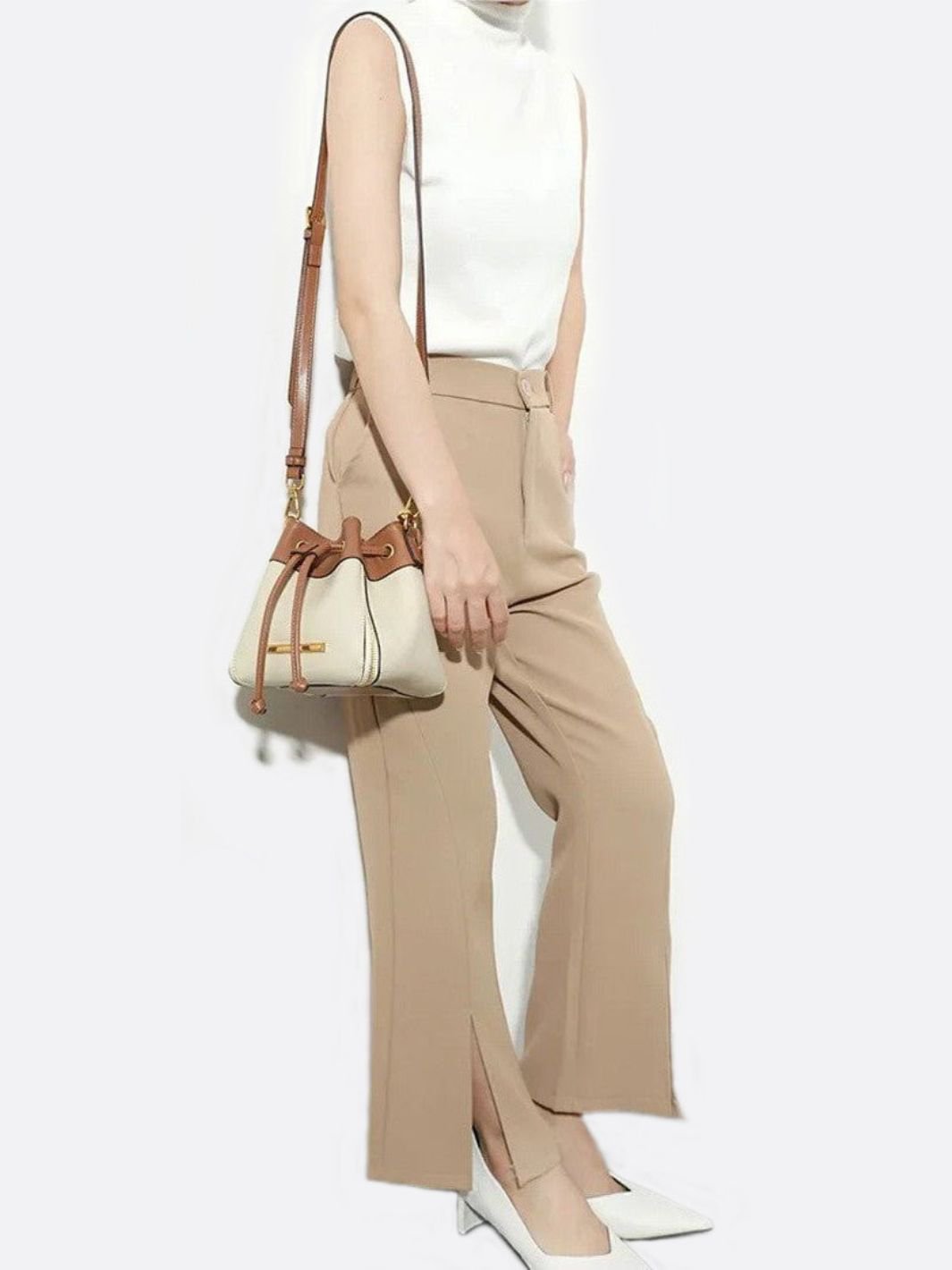 Beige & Brown Drawstring Bucket Bag – Two - Tone Faux Leather Handbag - in Beige | Arvea Bags