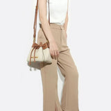 Beige & Brown Drawstring Bucket Bag – Two - Tone Faux Leather Handbag - in Beige | Arvea Bags