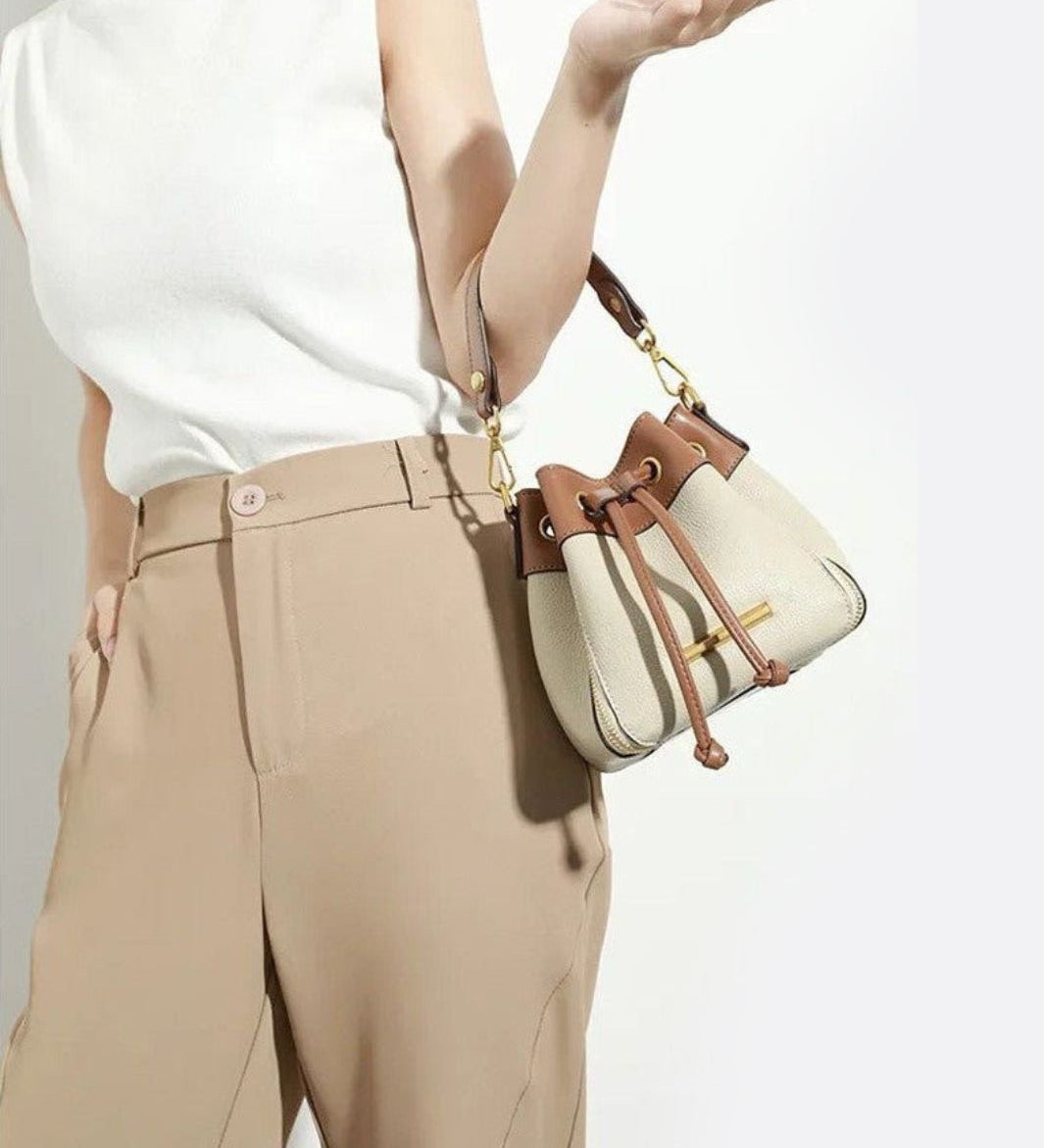Beige & Brown Drawstring Bucket Bag – Two - Tone Faux Leather Handbag - in Beige | Arvea Bags