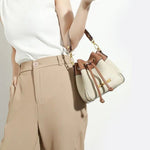 Beige & Brown Drawstring Bucket Bag – Two - Tone Faux Leather Handbag - in Beige | Arvea Bags