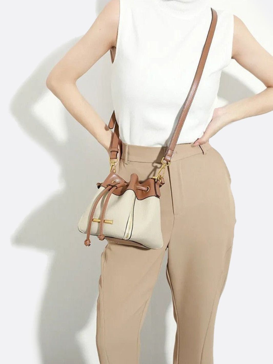 Beige & Brown Drawstring Bucket Bag – Two - Tone Faux Leather Handbag - in Beige | Arvea Bags
