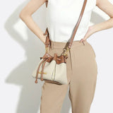 Beige & Brown Drawstring Bucket Bag – Two - Tone Faux Leather Handbag - in Beige | Arvea Bags