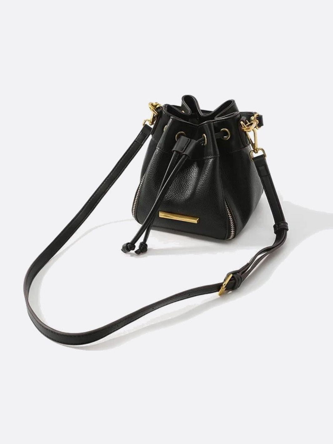 Beige & Brown Drawstring Bucket Bag – Two - Tone Faux Leather Handbag - in Black | Arvea Bags