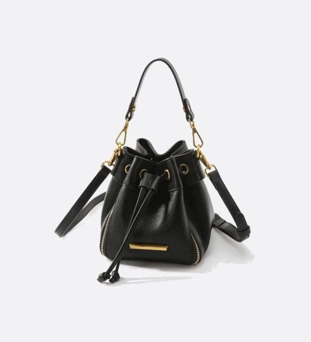 Beige & Brown Drawstring Bucket Bag – Two - Tone Faux Leather Handbag - in Black | Arvea Bags