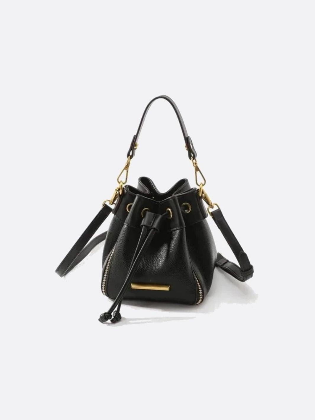 Beige & Brown Drawstring Bucket Bag – Two - Tone Faux Leather Handbag - in Black | Arvea Bags