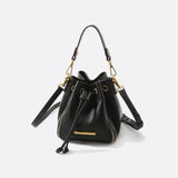 Beige & Brown Drawstring Bucket Bag – Two - Tone Faux Leather Handbag - in Black | Arvea Bags