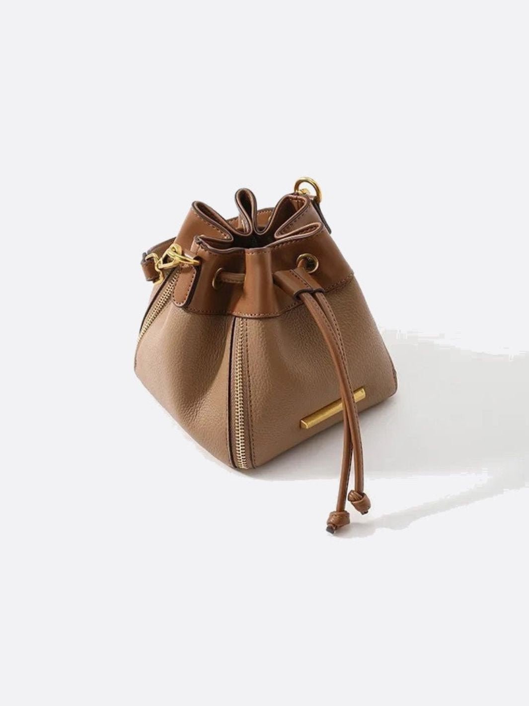 Beige & Brown Drawstring Bucket Bag – Two - Tone Faux Leather Handbag - in Classic Brown | Arvea Bags