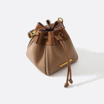 Beige & Brown Drawstring Bucket Bag – Two - Tone Faux Leather Handbag - in Classic Brown | Arvea Bags
