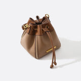 Beige & Brown Drawstring Bucket Bag – Two - Tone Faux Leather Handbag - in Classic Brown | Arvea Bags