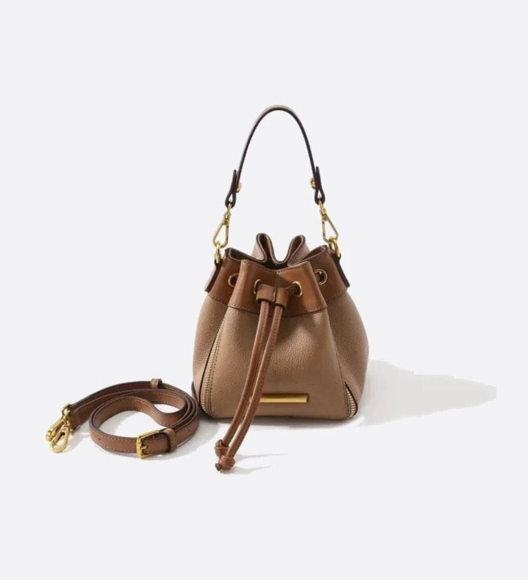 Beige & Brown Drawstring Bucket Bag – Two - Tone Faux Leather Handbag - in Classic Brown | Arvea Bags