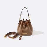 Beige & Brown Drawstring Bucket Bag – Two - Tone Faux Leather Handbag - in Classic Brown | Arvea Bags