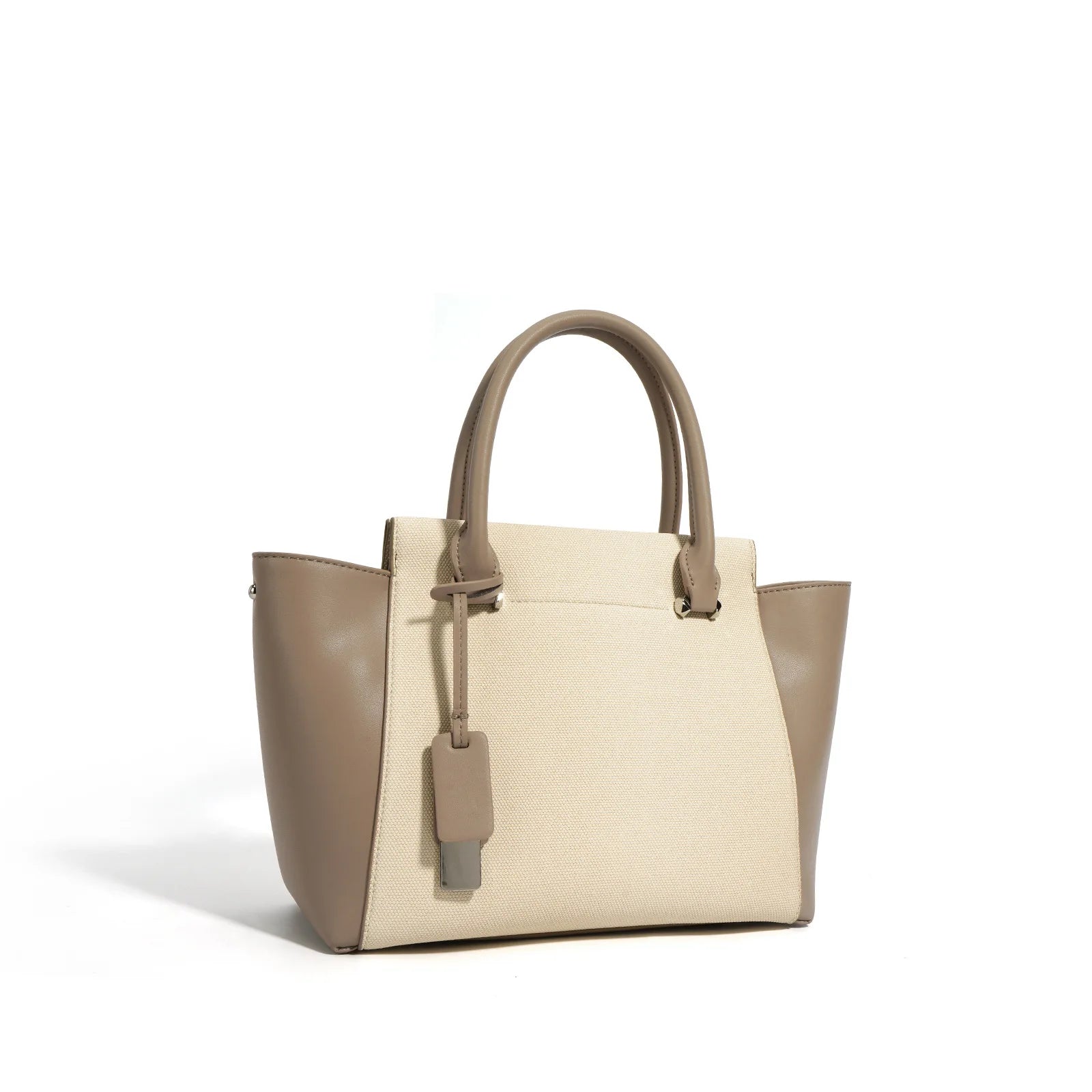 Beige Canvas Tote Bag with Genuine Leather – Women's Structured Handbag with Magnetic Closure - in Grey | Arvea Bags