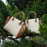 Beige Canvas Tote Bag with Genuine Leather – Women's Structured Handbag with Magnetic Closure - in Olive | Arvea Bags