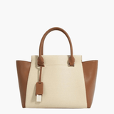 Beige Canvas Tote Bag with Genuine Leather – Women's Structured Handbag with Magnetic Closure - in Olive | Arvea Bags