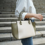 Beige Canvas Tote Bag with Genuine Leather – Women's Structured Handbag with Magnetic Closure - in Olive | Arvea Bags