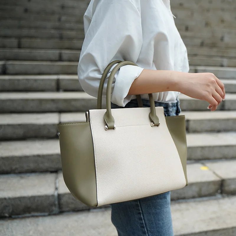 Beige Canvas Tote Bag with Genuine Leather – Women's Structured Handbag with Magnetic Closure - in Olive | Arvea Bags