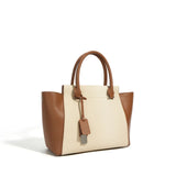 Beige Canvas Tote Bag with Genuine Leather – Women's Structured Handbag with Magnetic Closure - in Olive | Arvea Bags