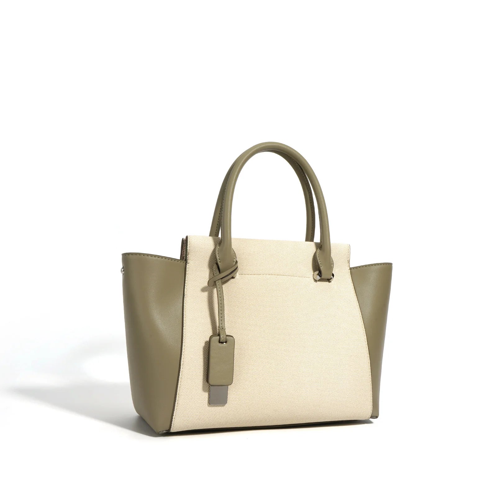 Beige Canvas Tote Bag with Genuine Leather – Women's Structured Handbag with Magnetic Closure - in Olive | Arvea Bags