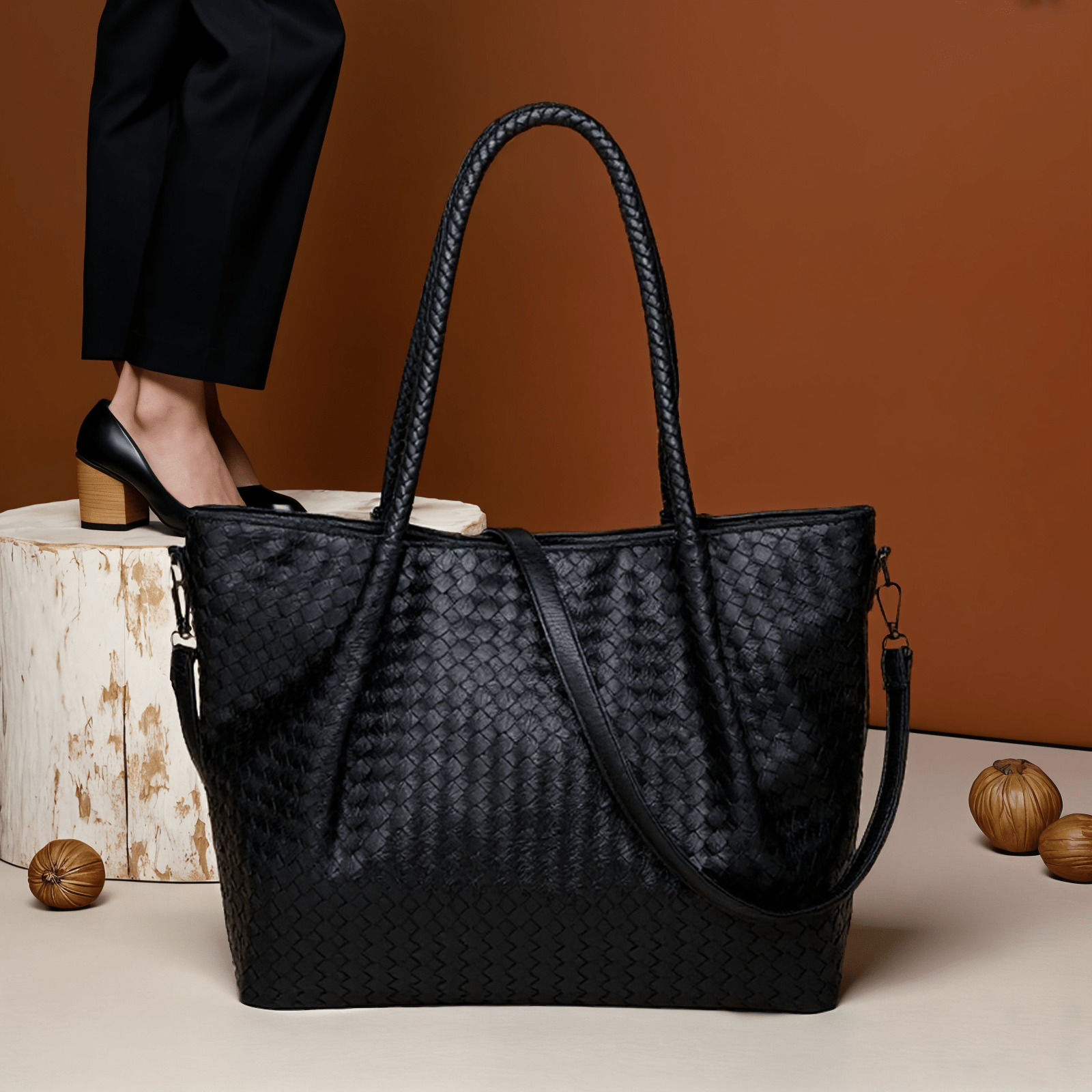 Belle | Black Woven Leather Tote Bag – Chic & Spacious - in Black | Arvea Bags