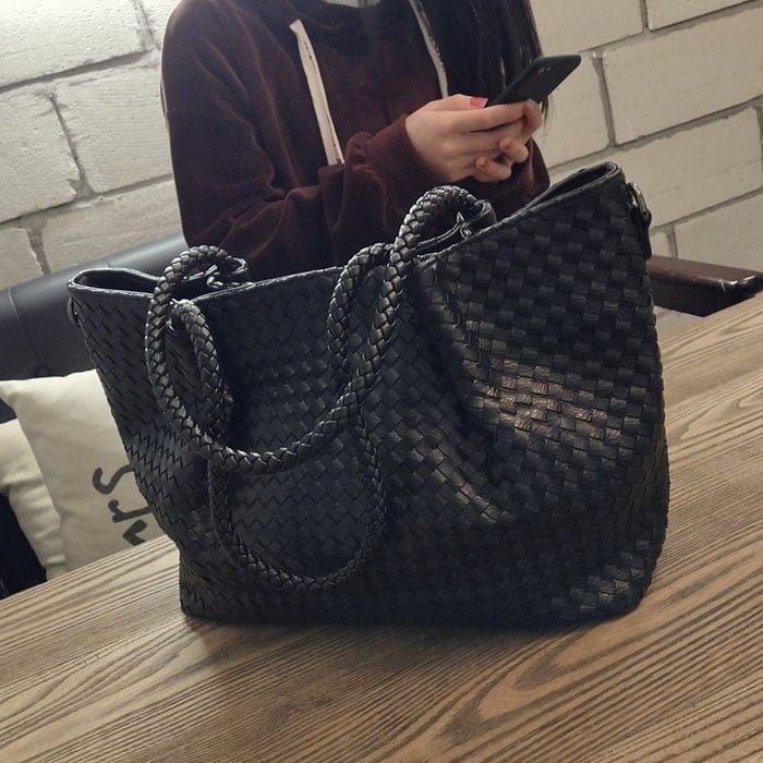 Belle | Black Woven Leather Tote Bag – Chic & Spacious - in Black | Arvea Bags