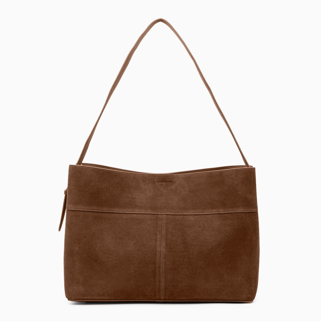 Belle Minimalist Suede Shoulder Tote – Large Everyday Bag - in Classic Brown | Arvea Bags