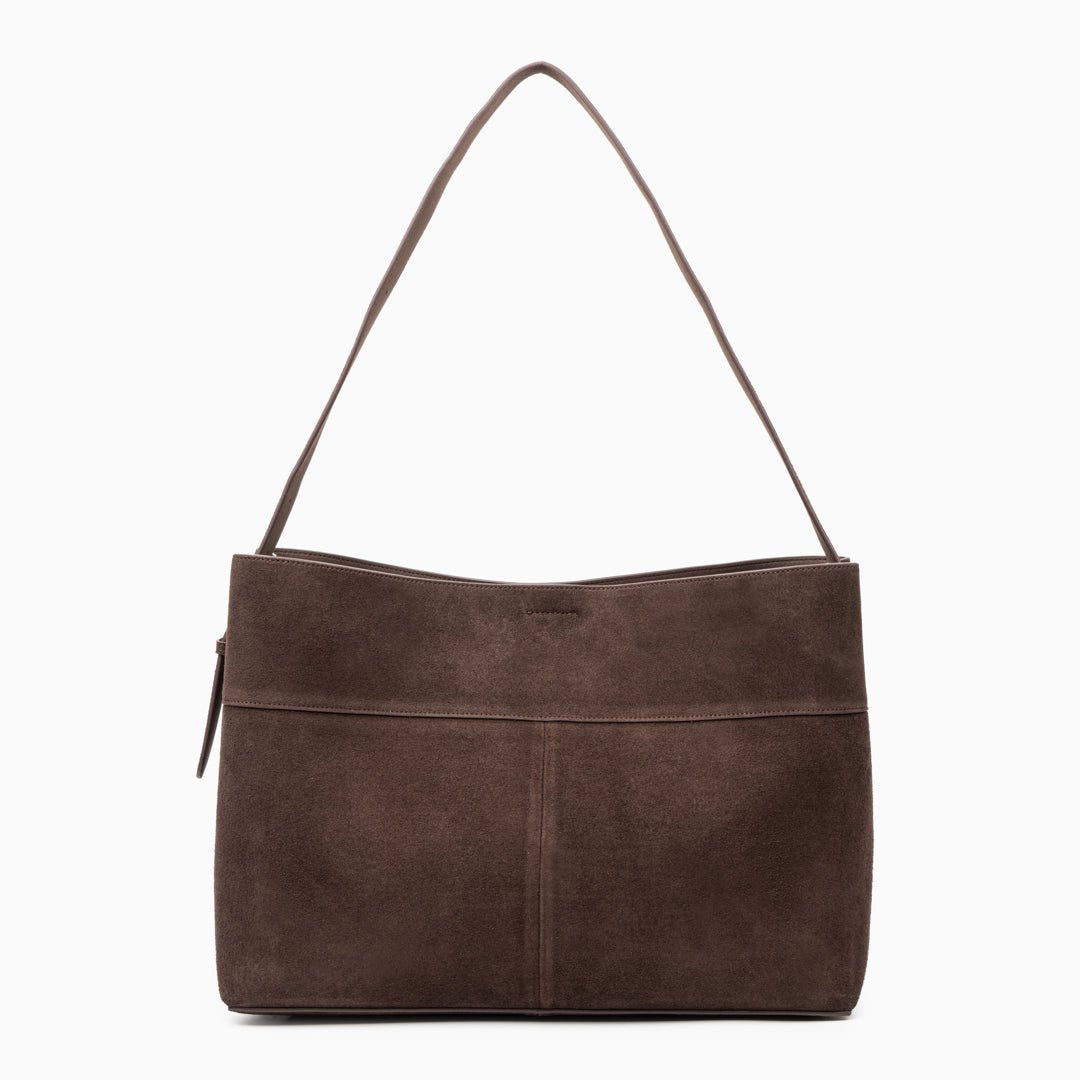 Belle Minimalist Suede Shoulder Tote – Large Everyday Bag - in Dark Brown | Arvea Bags