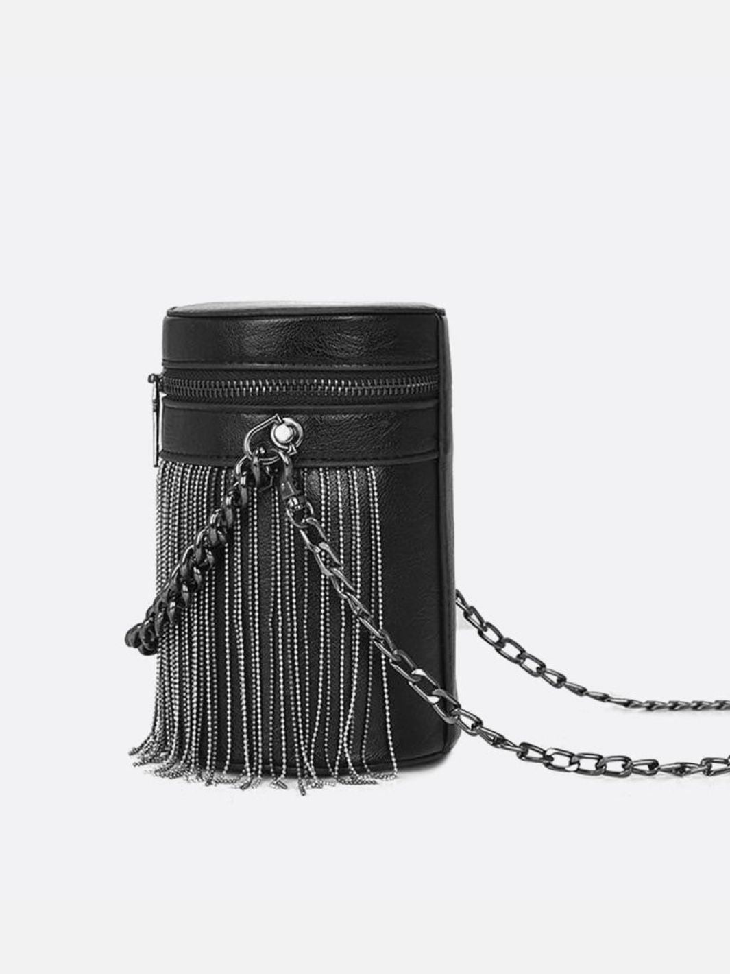 Black Cylinder PU Leather Fringe Bag – Edgy, Glam & Statement - Making - in Black | Arvea Bags