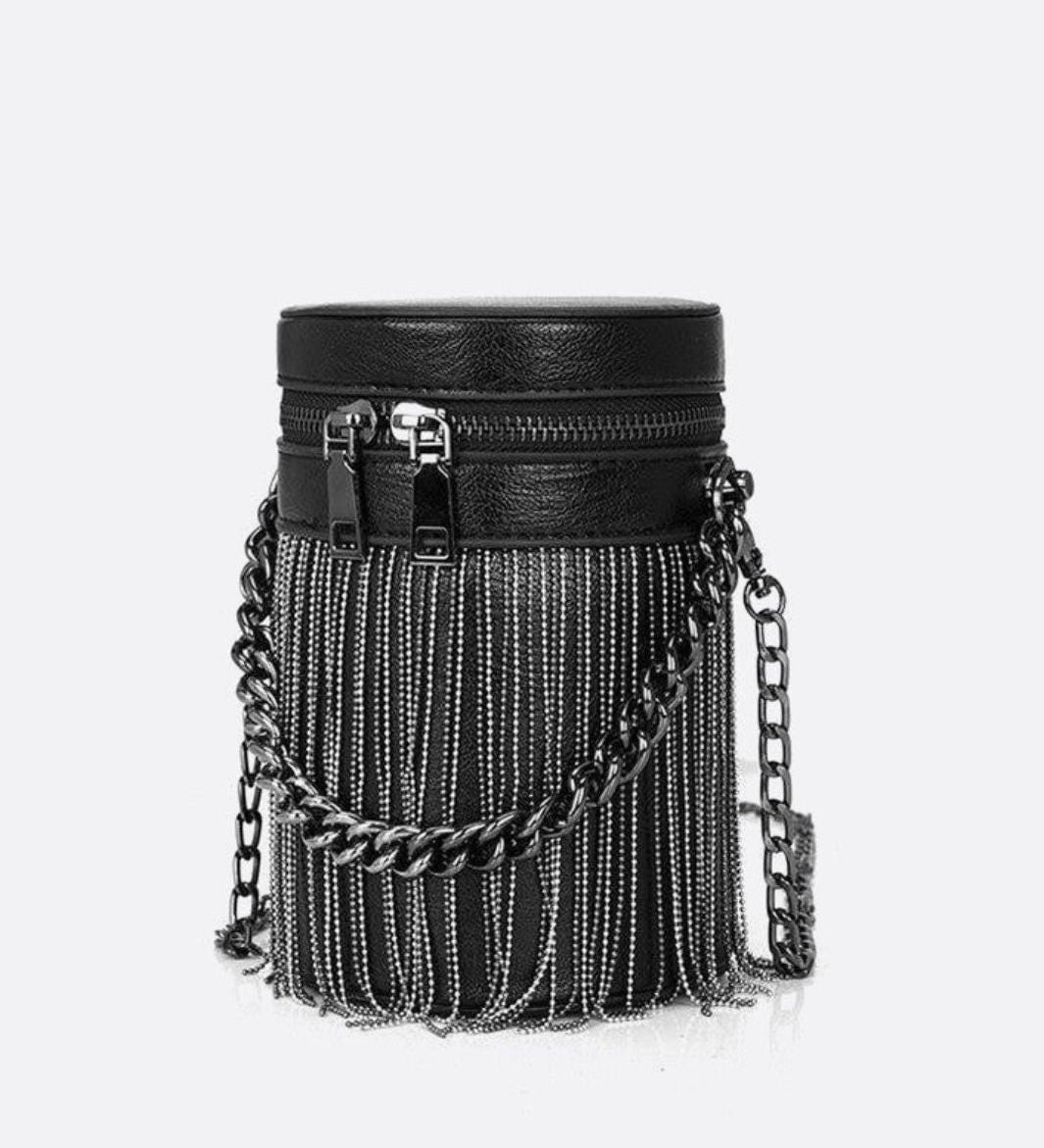 Black Cylinder PU Leather Fringe Bag – Edgy, Glam & Statement - Making - in Black | Arvea Bags