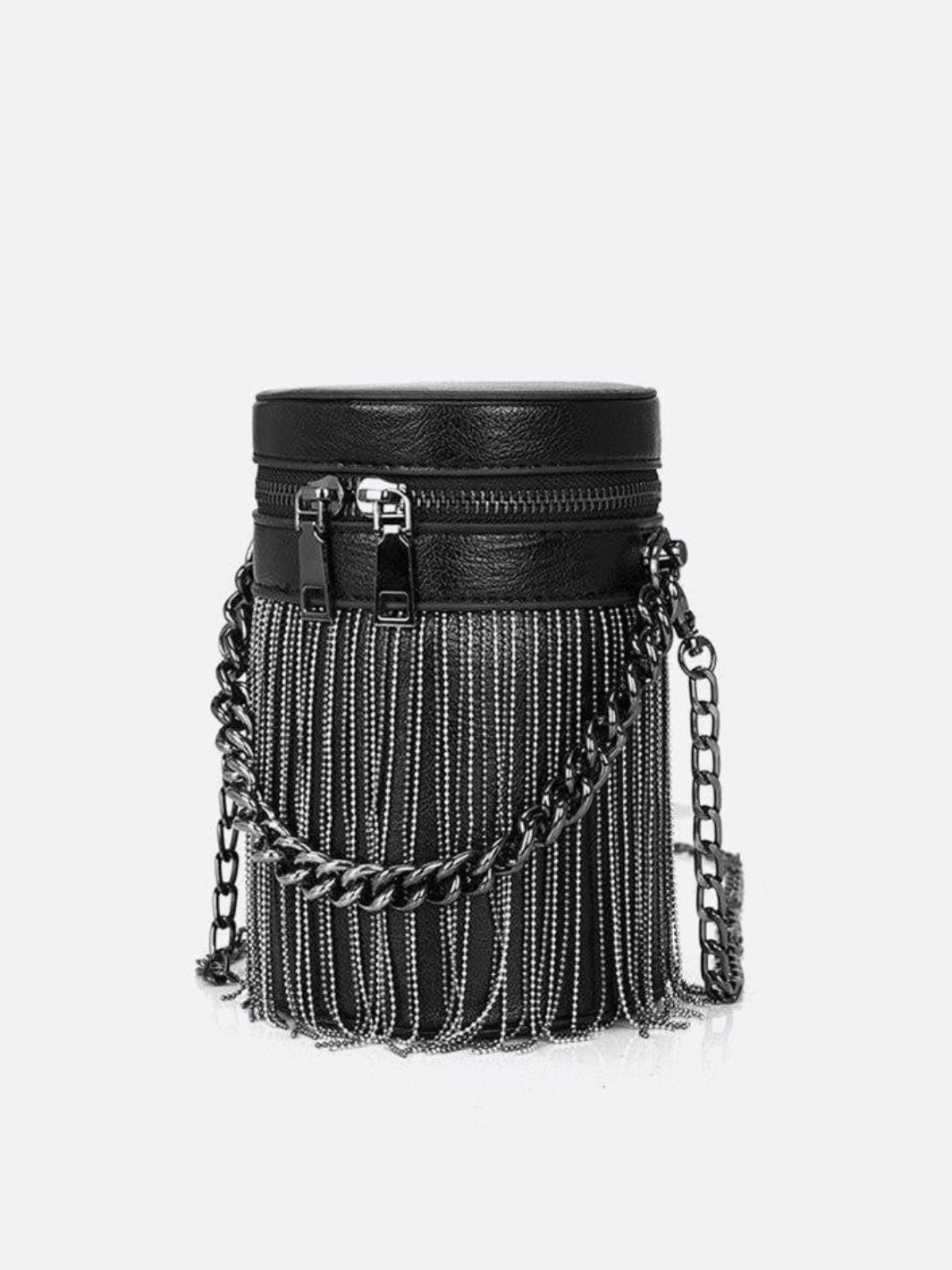 Black Cylinder PU Leather Fringe Bag – Edgy, Glam & Statement - Making - in Black | Arvea Bags
