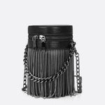 Black Cylinder PU Leather Fringe Bag – Edgy, Glam & Statement - Making - in Black | Arvea Bags