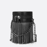 Black Cylinder PU Leather Fringe Bag – Edgy, Glam & Statement - Making - in Black | Arvea Bags