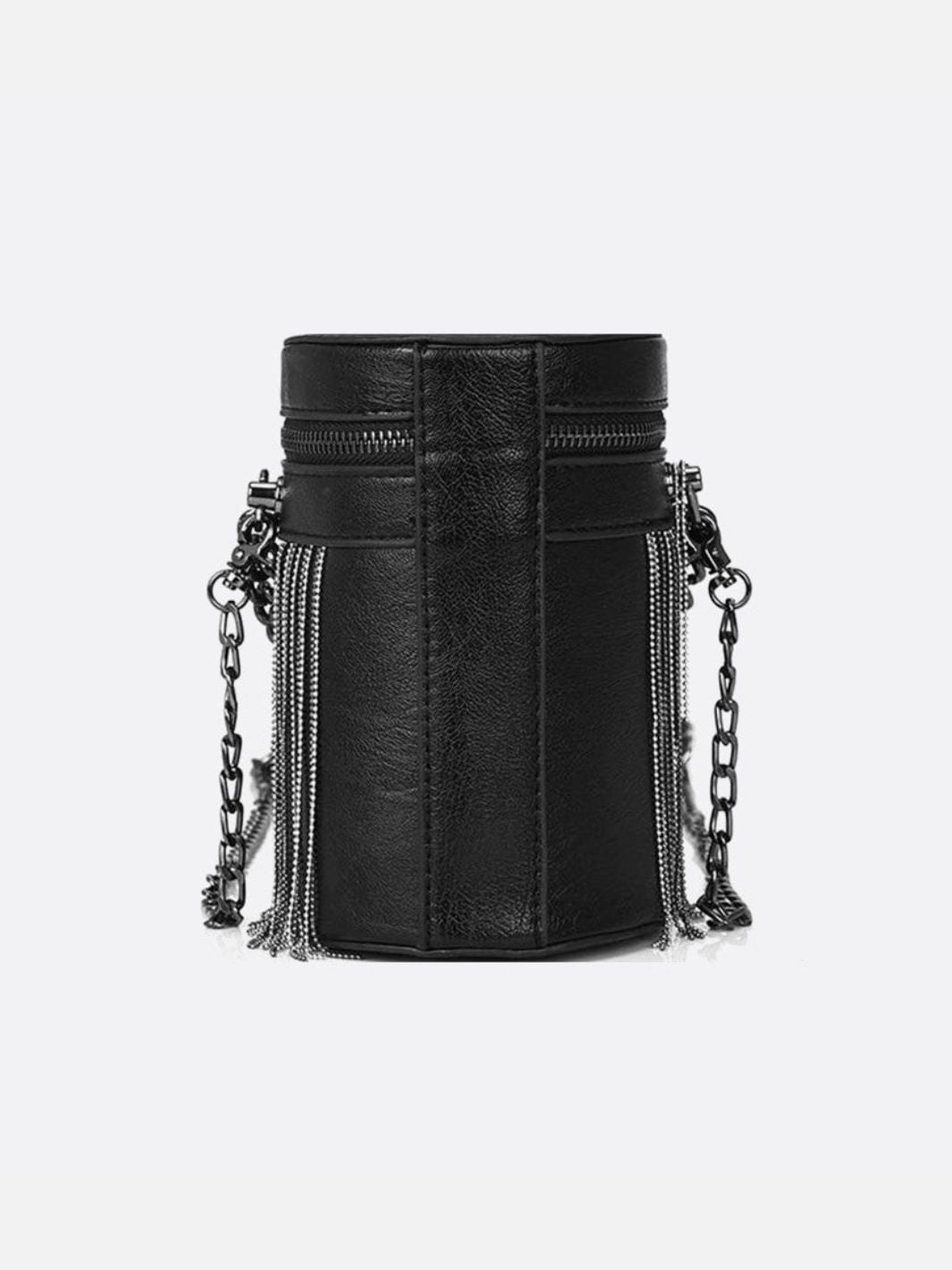 Black Cylinder PU Leather Fringe Bag – Edgy, Glam & Statement - Making - in Black | Arvea Bags