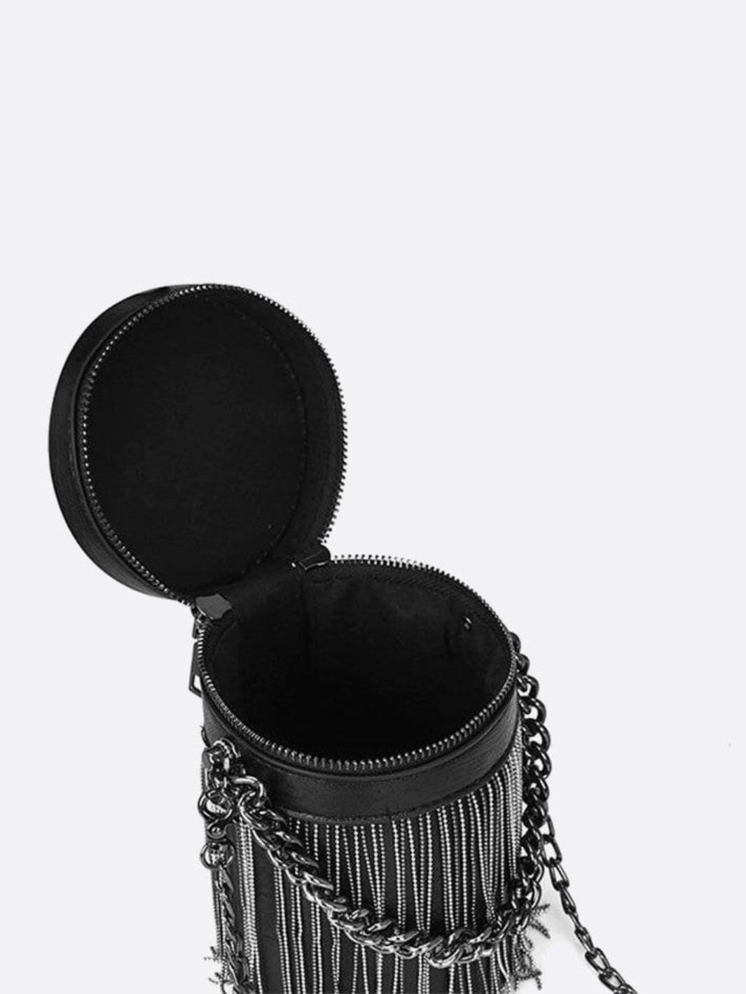 Black Cylinder PU Leather Fringe Bag – Edgy, Glam & Statement - Making - in Black | Arvea Bags