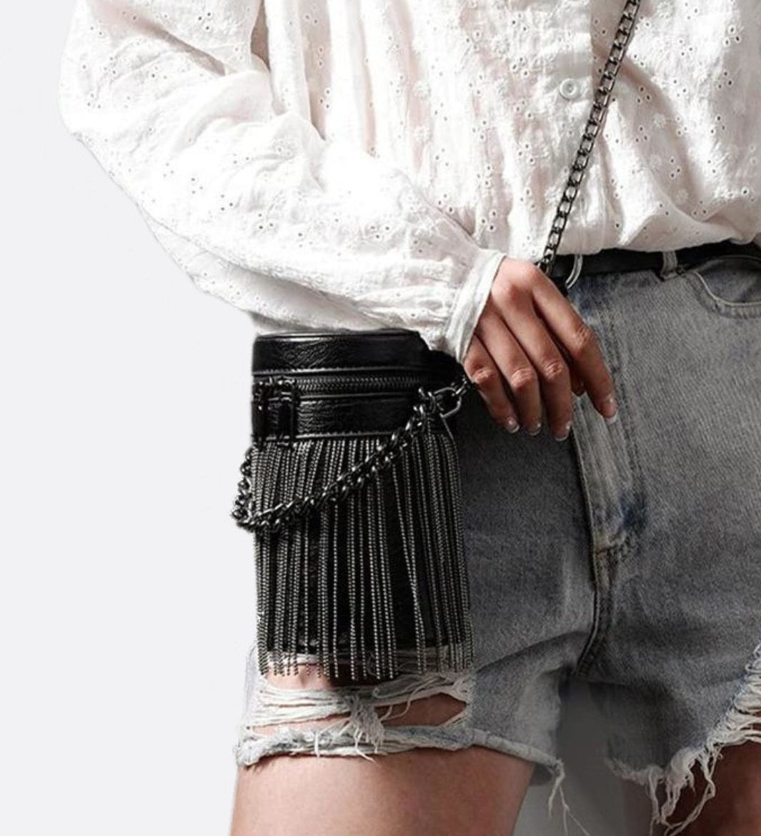 Black Cylinder PU Leather Fringe Bag – Edgy, Glam & Statement - Making - in Black | Arvea Bags