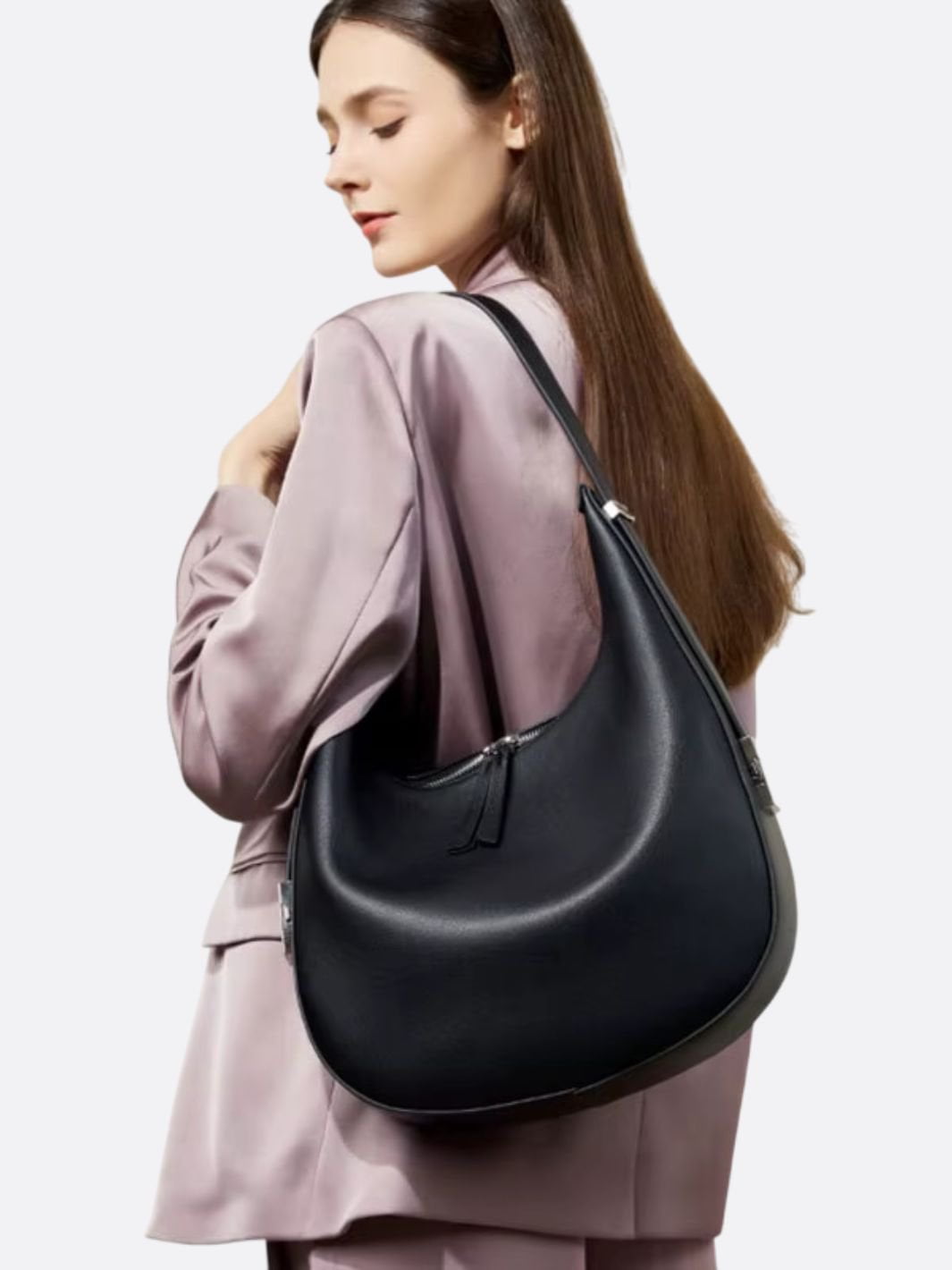 Black Leather Crescent Shoulder Bag – Minimalist Luxury Handbag - in Black | Arvea Bags