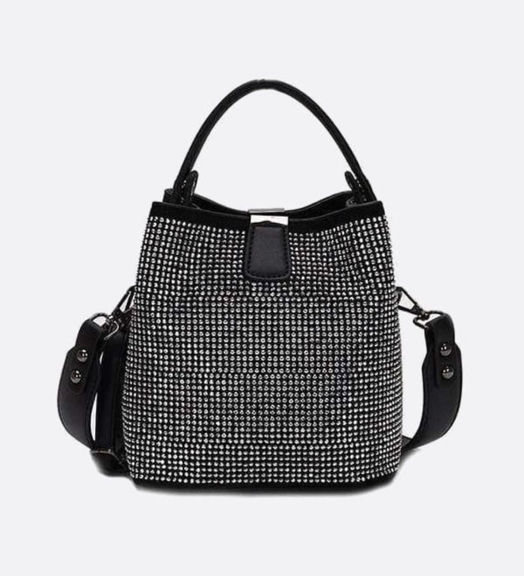 Black Rhinestone Bucket Bag – Sparkly Evening Shoulder Bag - in Light Beige | Arvea Bags