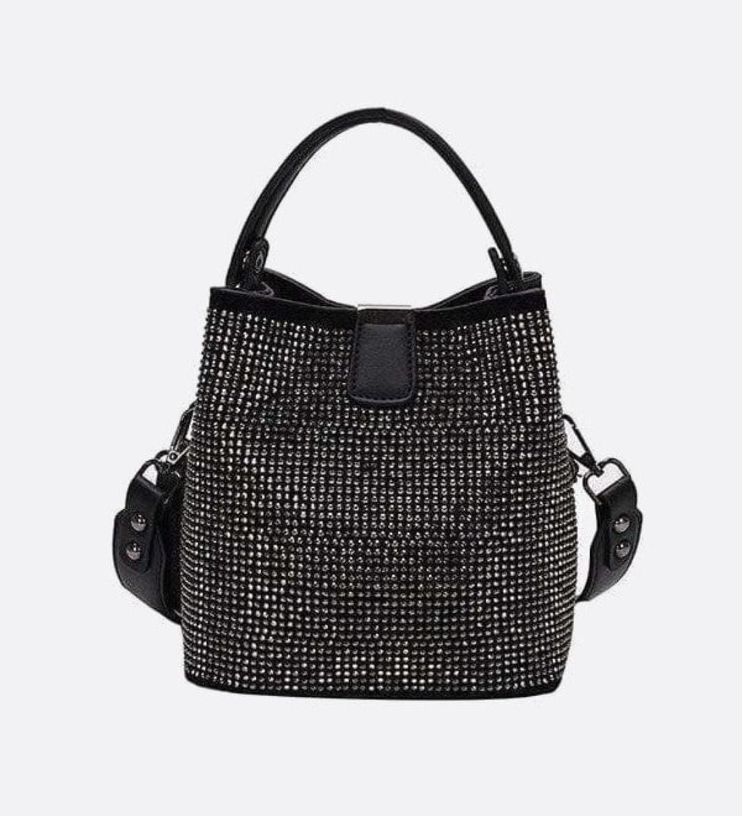 Black Rhinestone Bucket Bag – Sparkly Evening Shoulder Bag - in Silver | Arvea Bags