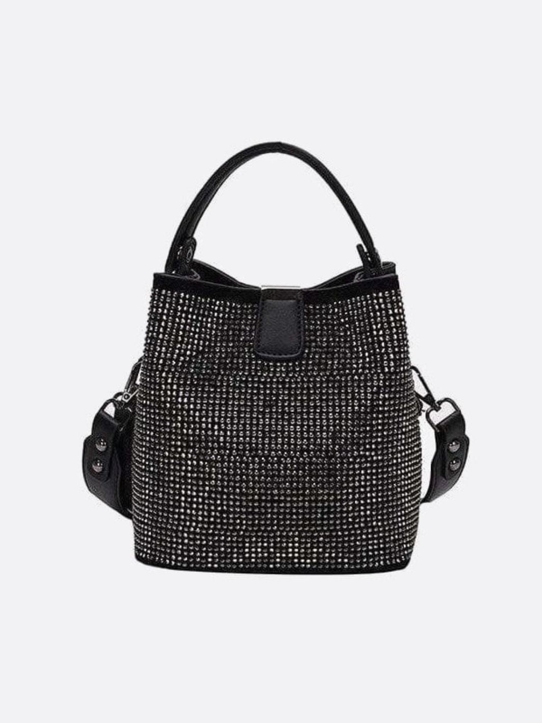 Black Rhinestone Bucket Bag – Sparkly Evening Shoulder Bag - in Silver | Arvea Bags