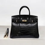 Black Structured Leather Handbag – Croc Pattern Top Handle Tote with Strap - in Black Crocodile | Arvea Bags
