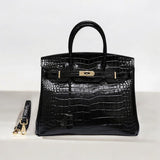 Black Structured Leather Handbag – Croc Pattern Top Handle Tote with Strap - in Black Crocodile | Arvea Bags
