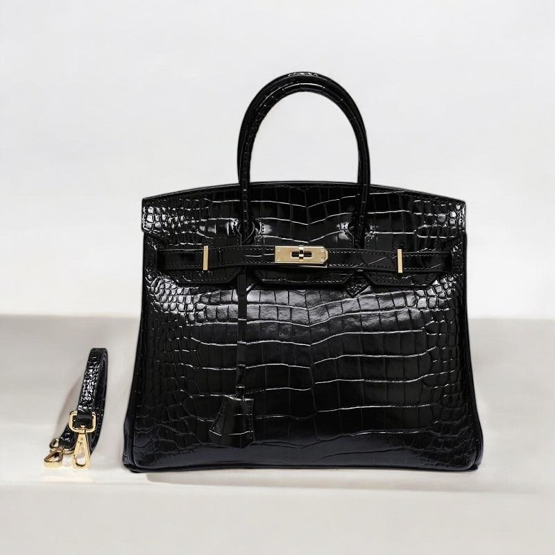 Black Structured Leather Handbag – Croc Pattern Top Handle Tote with Strap - in Black Crocodile | Arvea Bags