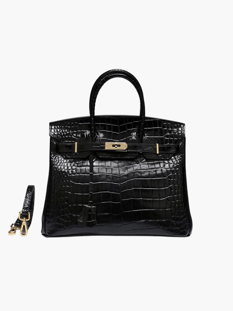 Black Structured Leather Handbag – Croc Pattern Top Handle Tote with Strap - in Black Crocodile | Arvea Bags