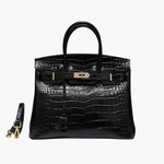 Black Structured Leather Handbag – Croc Pattern Top Handle Tote with Strap - in Black Crocodile | Arvea Bags
