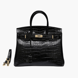 Black Structured Leather Handbag – Croc Pattern Top Handle Tote with Strap - in Black Crocodile | Arvea Bags