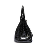 Black Structured Leather Handbag – Croc Pattern Top Handle Tote with Strap - in Black Crocodile | Arvea Bags