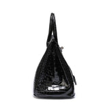 Black Structured Leather Handbag – Croc Pattern Top Handle Tote with Strap - in Black Crocodile | Arvea Bags
