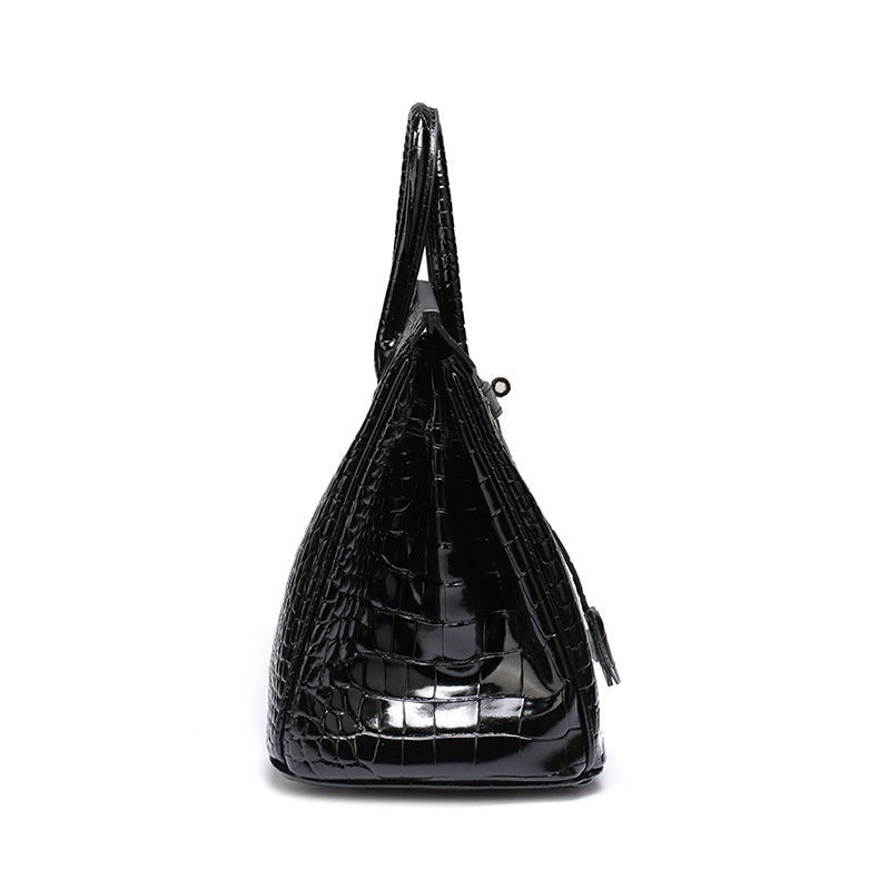 Black Structured Leather Handbag – Croc Pattern Top Handle Tote with Strap - in Black Crocodile | Arvea Bags