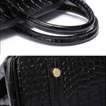 Black Structured Leather Handbag – Croc Pattern Top Handle Tote with Strap - in Black Crocodile | Arvea Bags