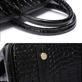 Black Structured Leather Handbag – Croc Pattern Top Handle Tote with Strap - in Black Crocodile | Arvea Bags